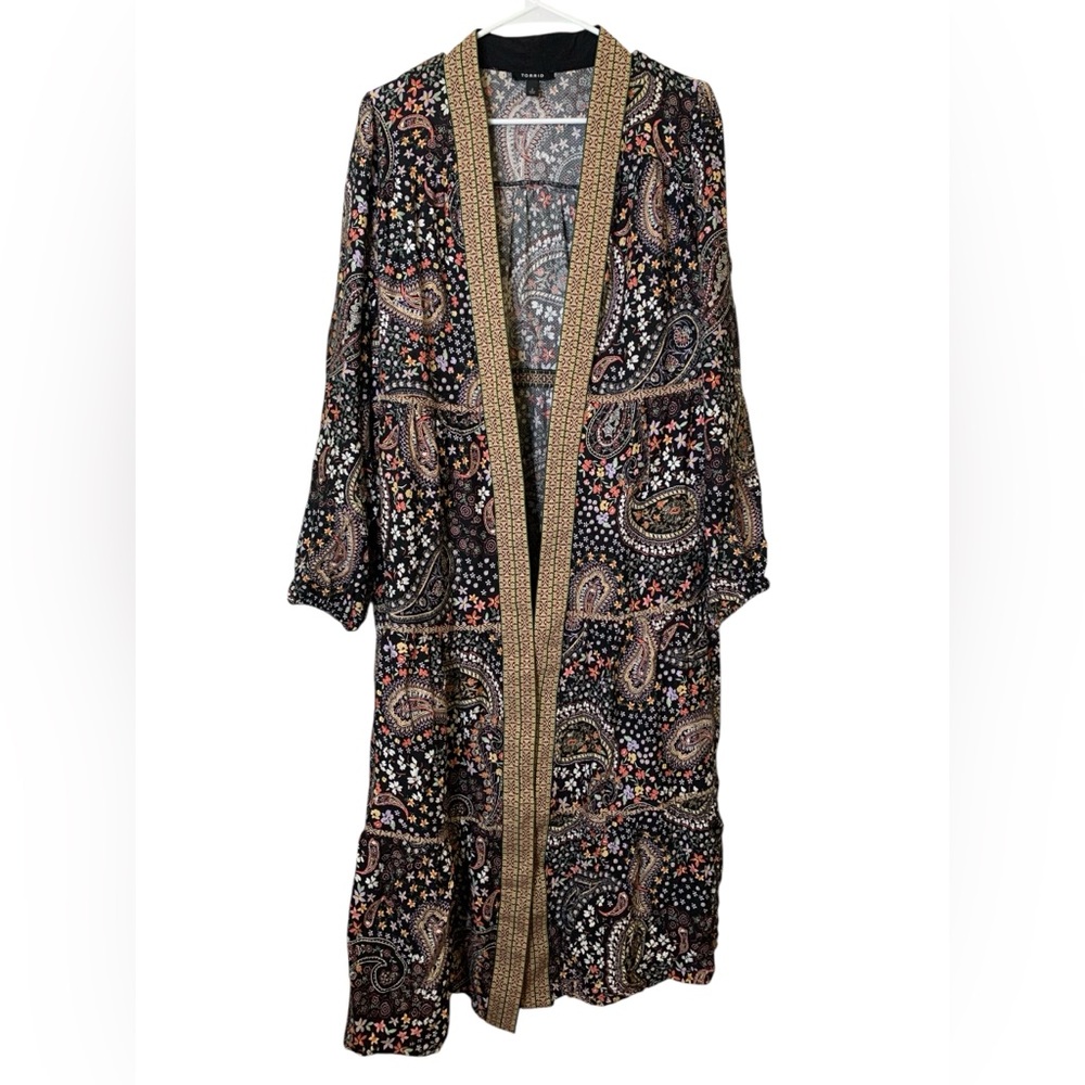 Torrid Embroidered Tiered Maxi Open Front Kimono Size 2X Gypsy Boho Cottagecore - Picture 3 of 9